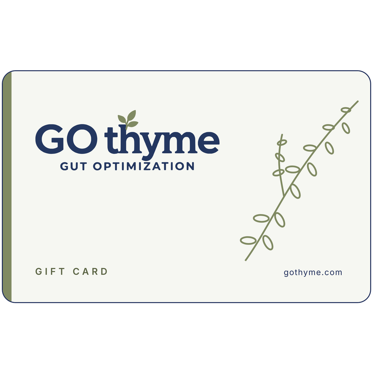GO thyme gift card, cream card with navy logo and thyme sprig