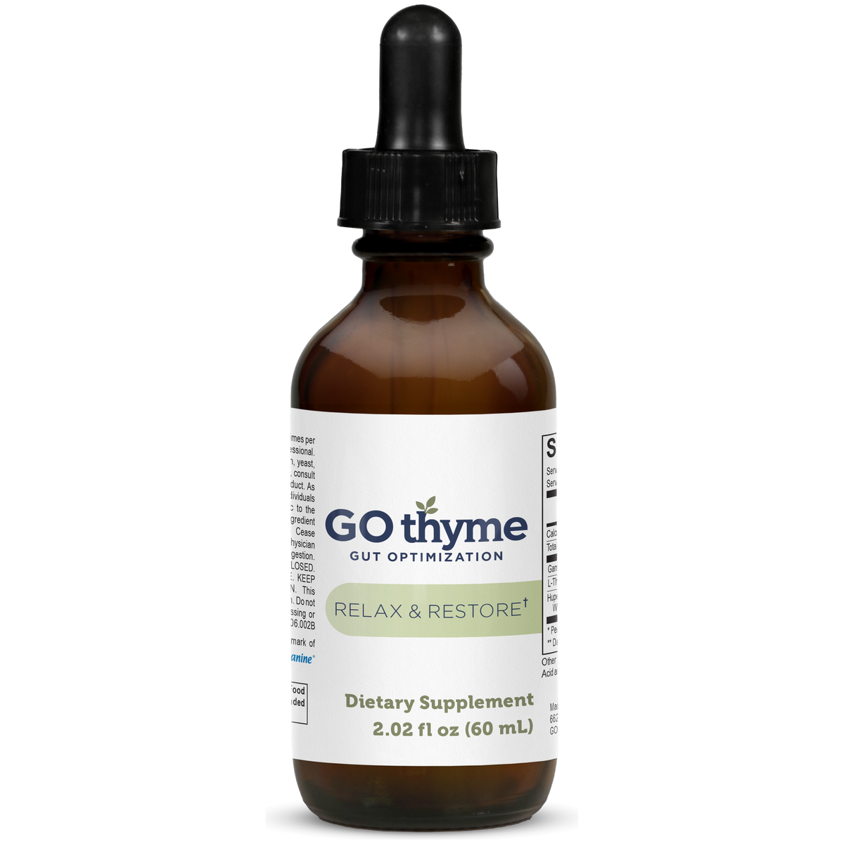 GO thyme Relax and Restore, 60 mL amber dropper bottle of liquid